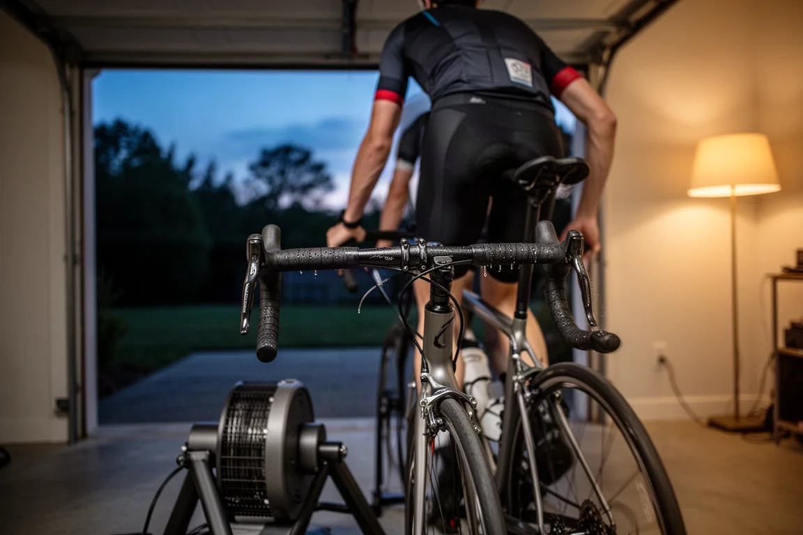 Cycliste effectuant un entraînement fractionné structuré en intérieur au crépuscule
