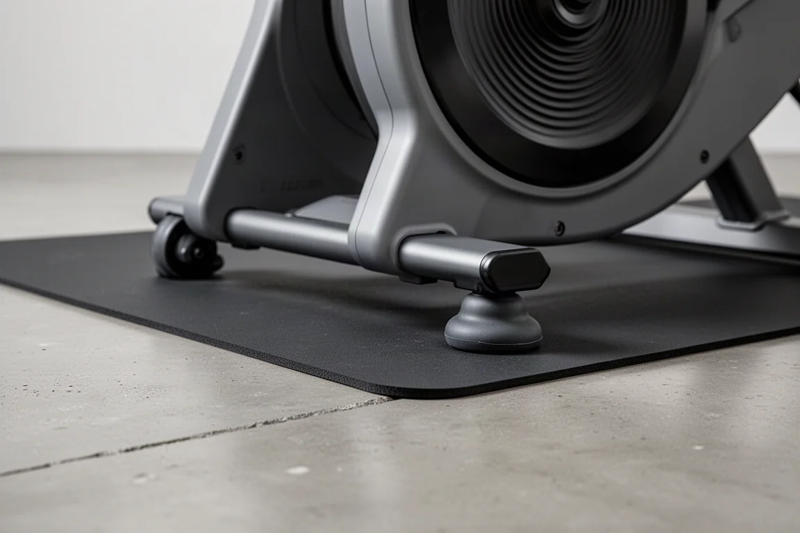 Home trainer connecté sur un tapis à côté d'un vélo sur un sol dur