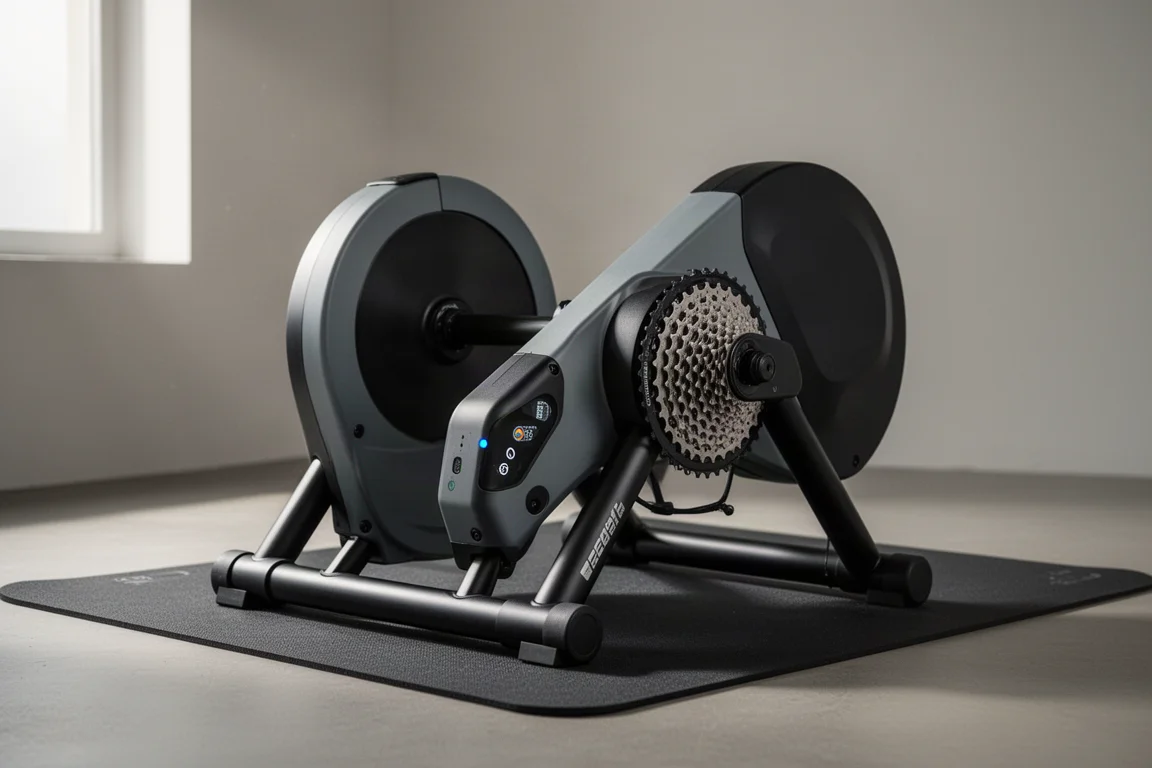 Smart trainer a trasmissione diretta Elite Avante su un tappetino per rulli in uno studio essenziale