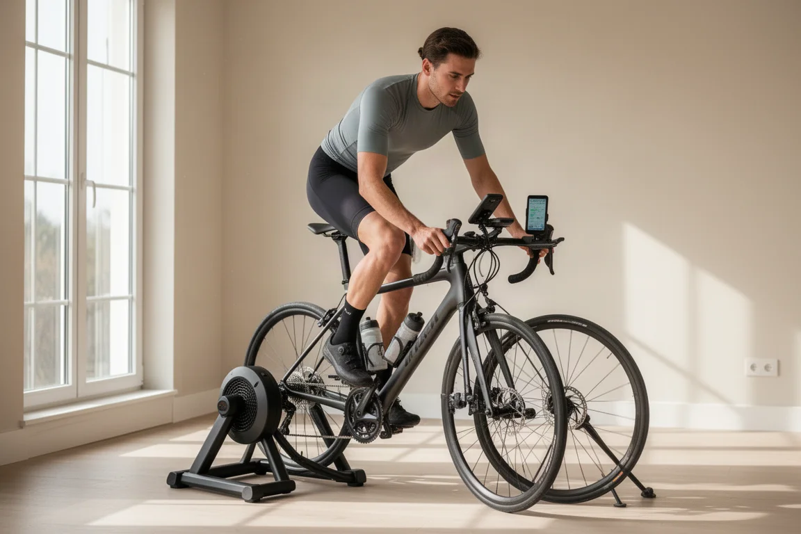 Cyclist riding an indoor smart bike trainer in a home training space