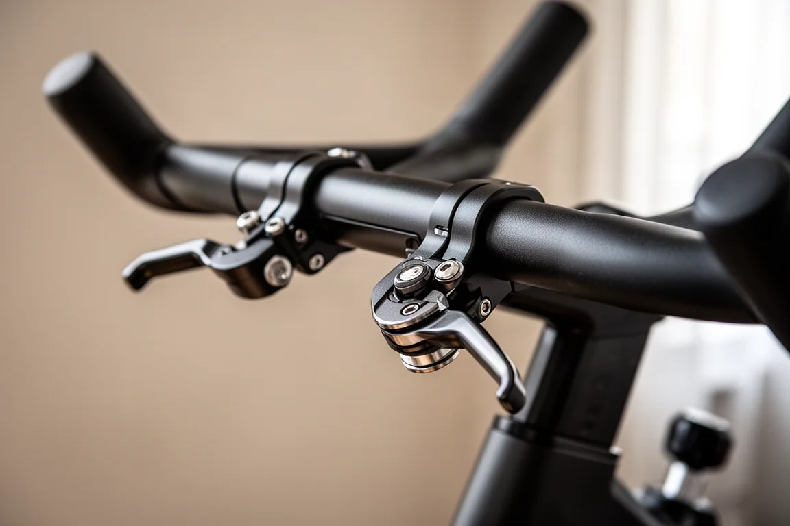 Close-up of real mechanical shifters on an indoor smart bike handlebar