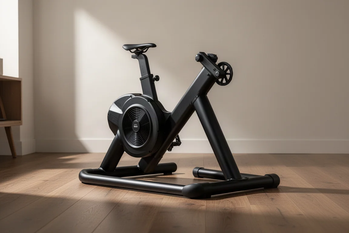 Direct-drive smart trainer on a wooden floor in a home training room
