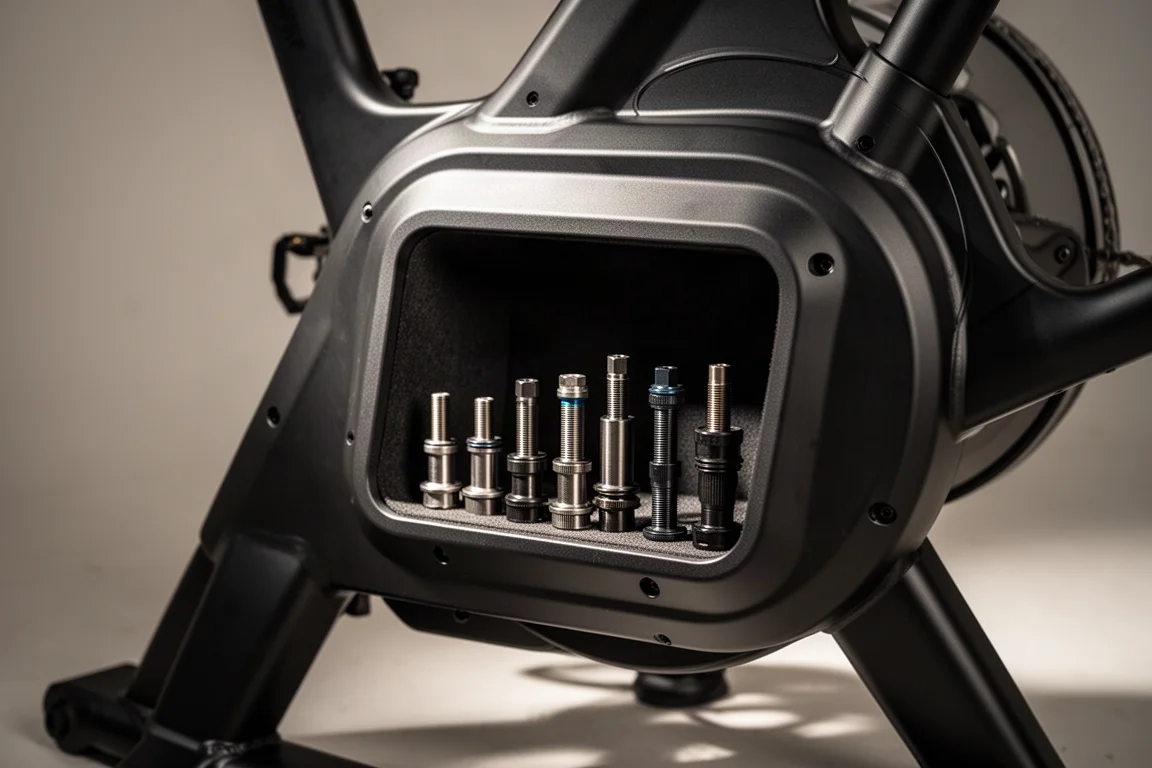 Storage compartment on the back of a trainer holding cycling adapters