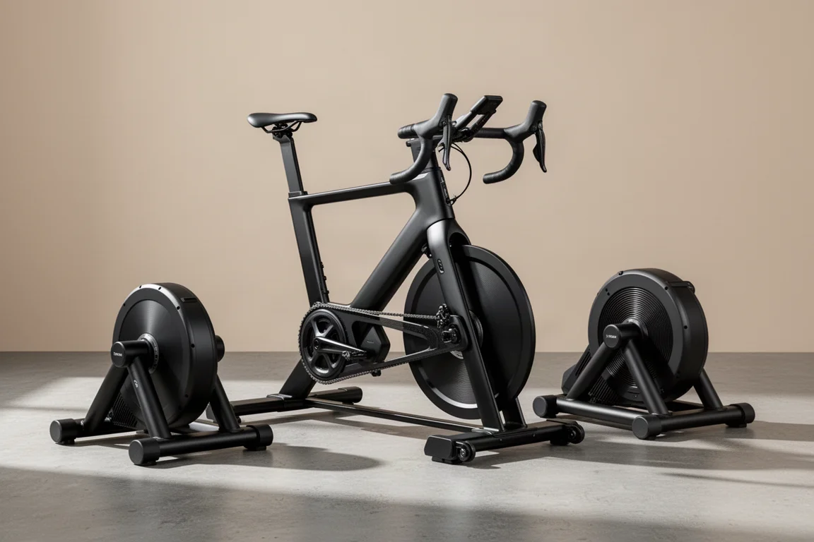 Smart bike Elite Square obok dwóch trenzerek direct-drive firmy Elite na betonowej podłodze studia
