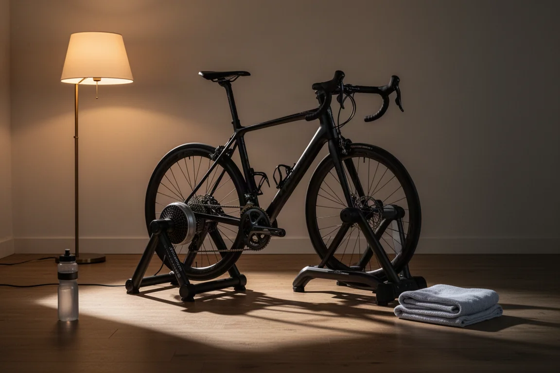 Träningshörna hemma med cykelskor, vattenflaskor, handduk och trainern i bakgrunden