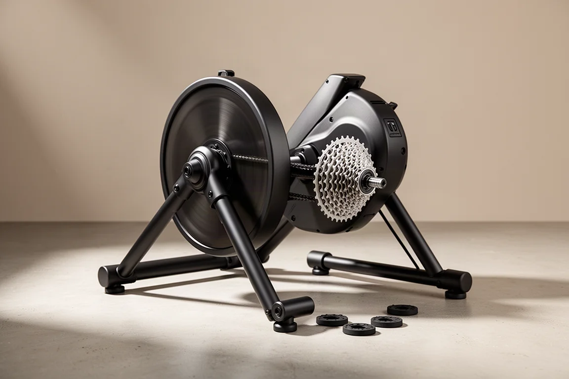 Matte black indoor cycling trainer with exposed flywheel and stabilising legs on concrete
