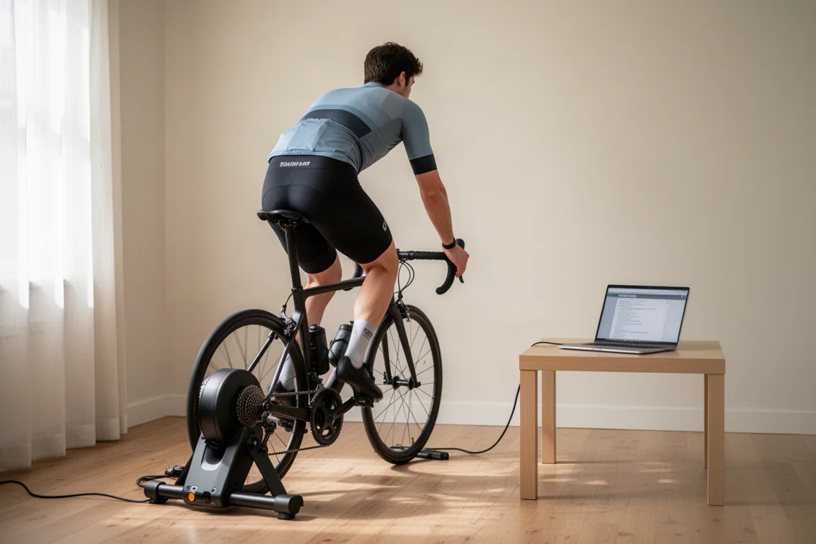Indoorfietser die trapt op een direct drive turbo trainer in een lichte trainingsruimte thuis