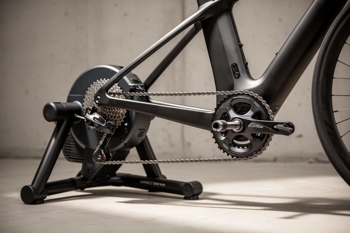 Close-up van een fietsframe op een direct drive trainer met het achterwiel verwijderd