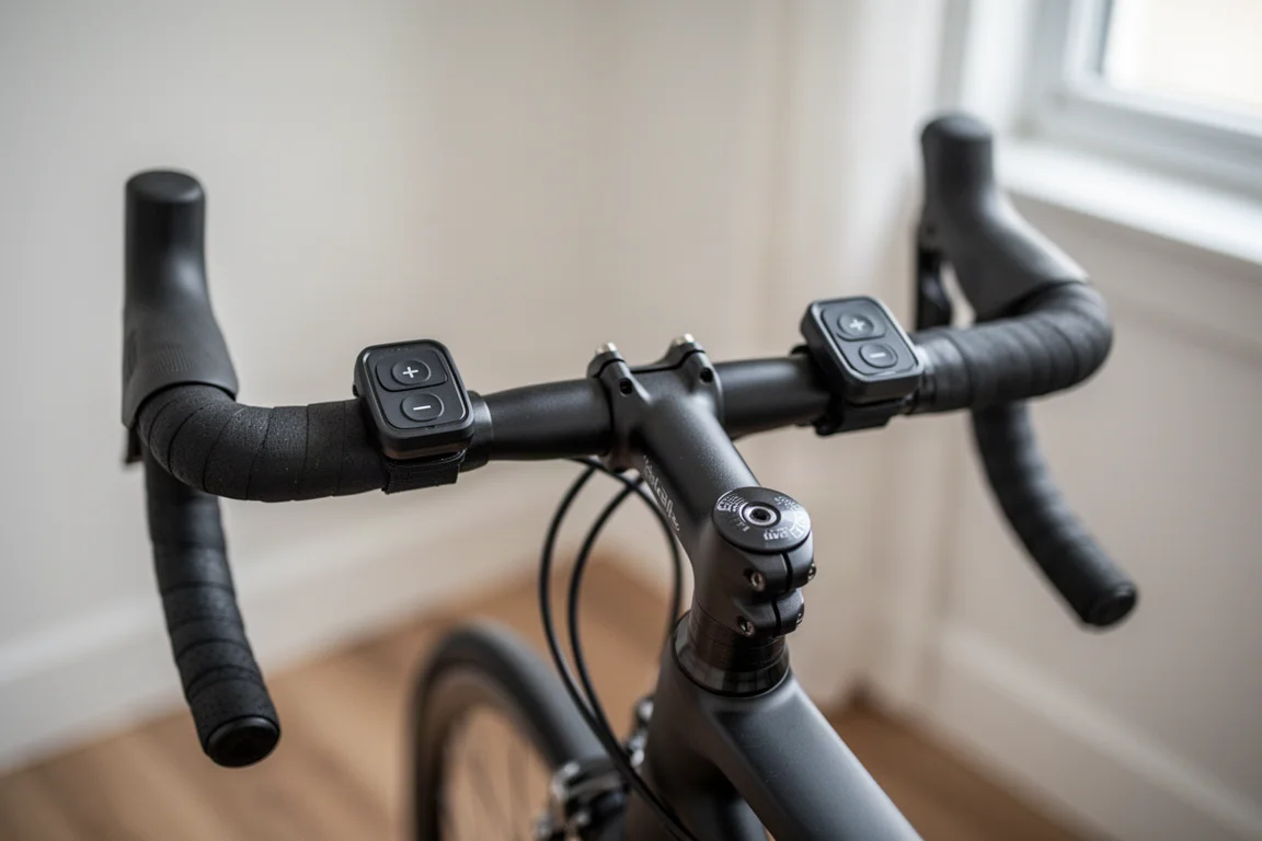 Twee op het stuur gemonteerde schakelcontrollers met plus- en minknoppen op een fiets in een trainingsopstelling
