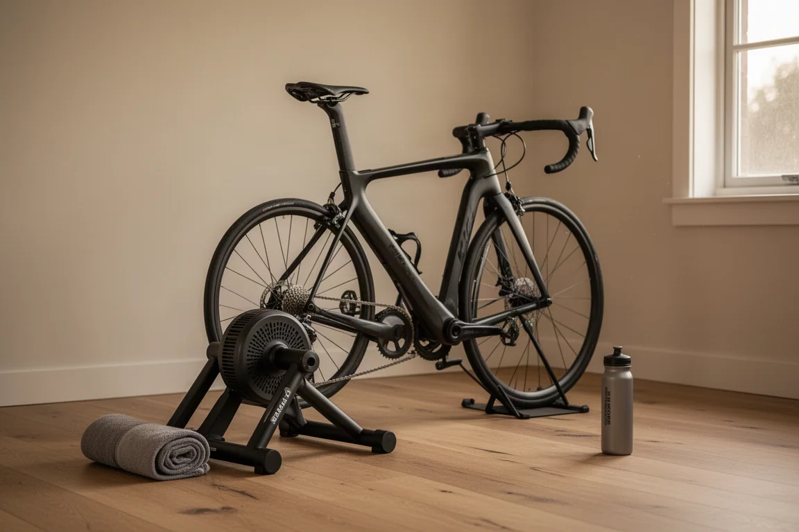 Indoortrainingshoek thuis met een fiets op een turbo trainer en opgevouwen materiaal ernaast