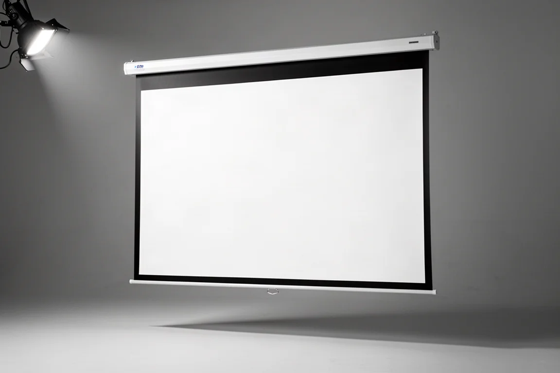 Home theater room with a large projector screen and rolled screen material samples in the foreground