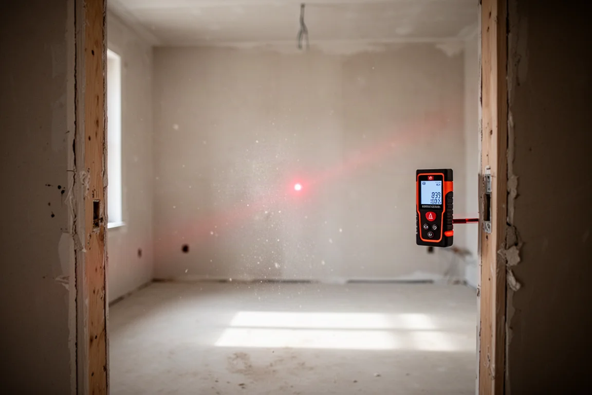 Feixe do medidor a laser projetando um ponto brilhante pelo ambiente em direção a uma parede