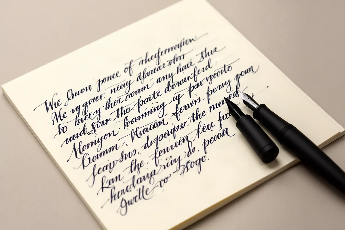 Handgeschreven regels vloeiende inkt op crèmekleurig papier met een vulpen in de buurt