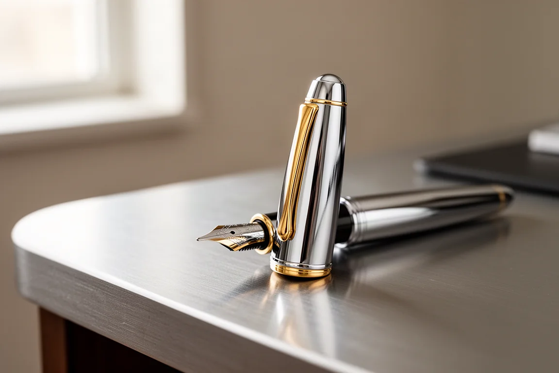 Close-up van een vulpenkap in chroom met gouden accenten op een bureau