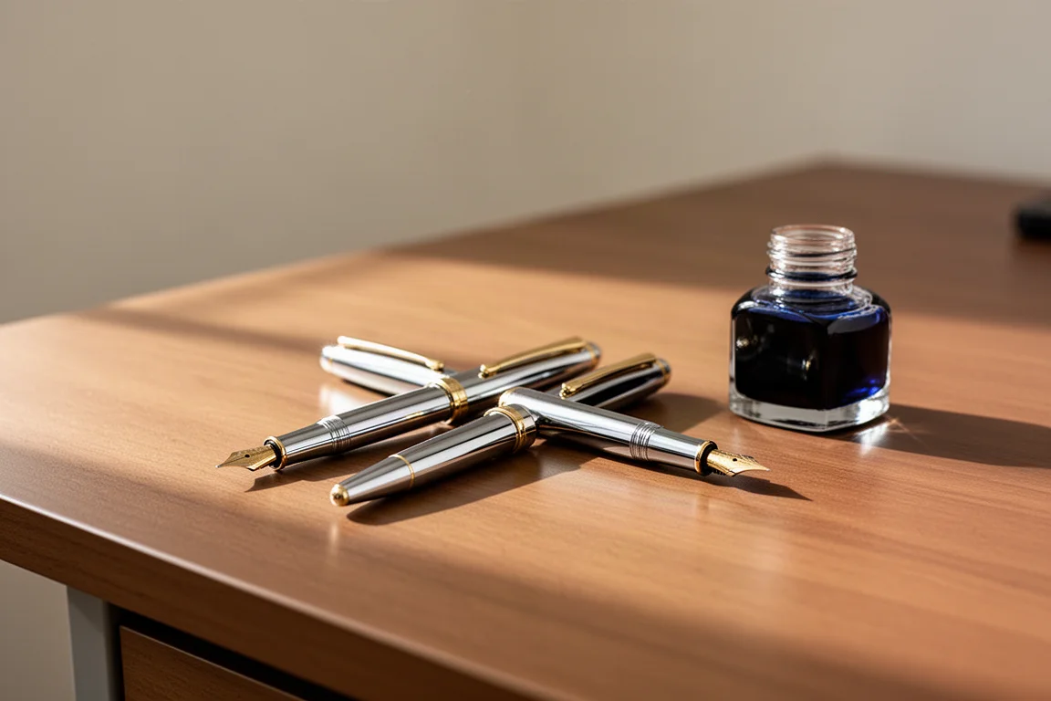 Twee vulpennen op een bureau naast een inktpot