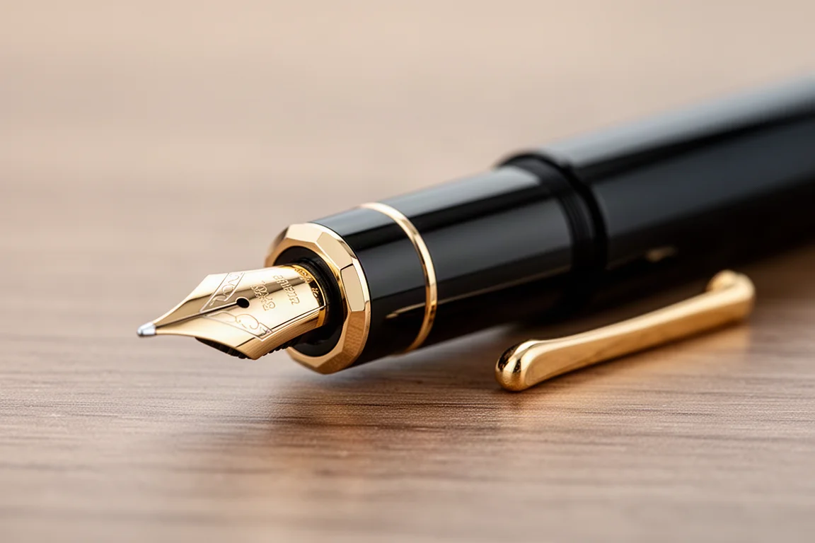 Détail du pommeau octogonal du capuchon d'un stylo plume avec clip doré sur un bureau neutre
