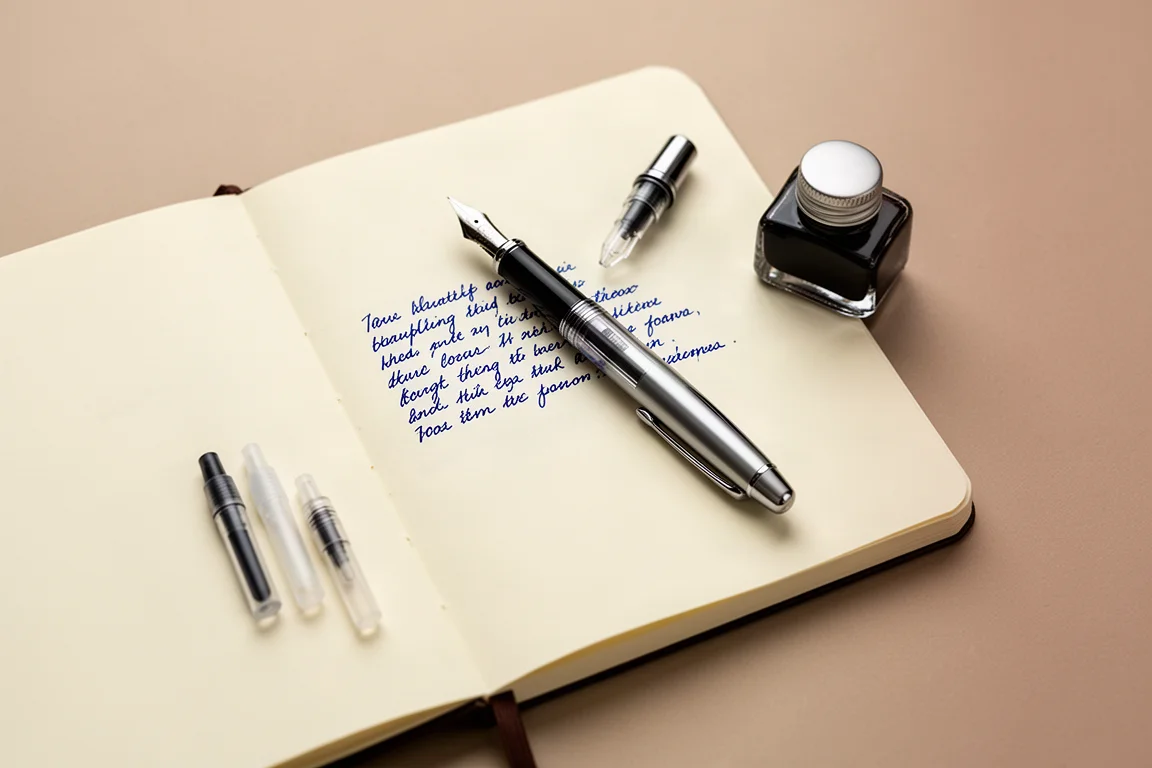 Stylo plume posé sur un carnet avec un texte manuscrit à côté