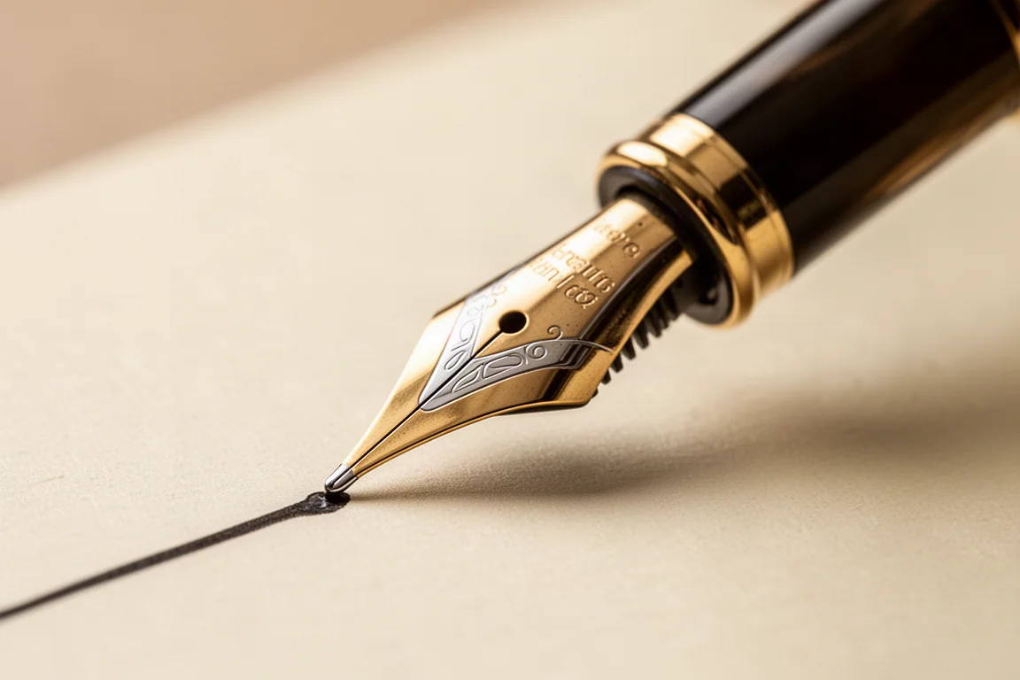 Gros plan sur une plume dorée et chromée d'un stylo plume sur du papier