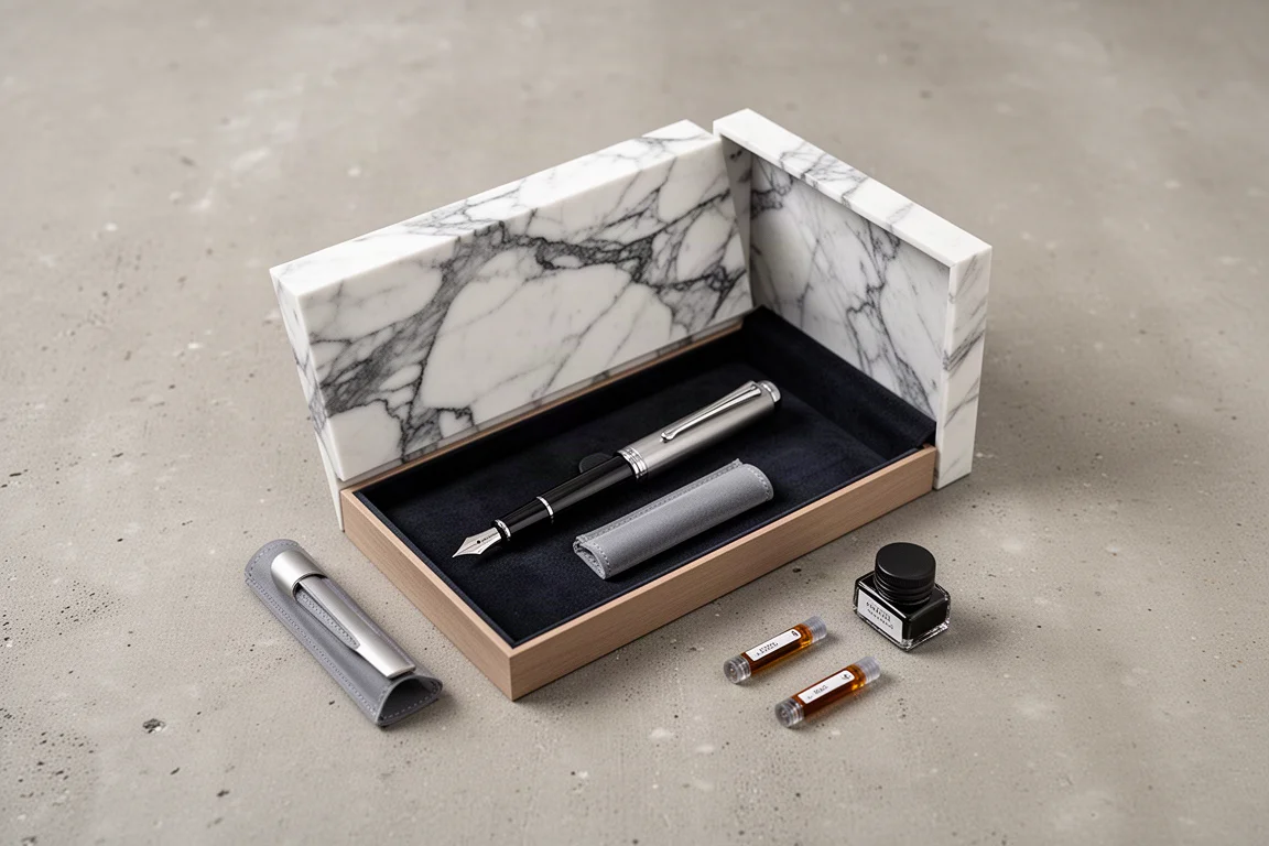 Stylo plume dans un coffret de présentation avec des cartouches à côté