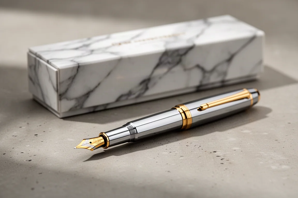 Chrome and gold octagonal fountain pen on concrete with presentation box behind