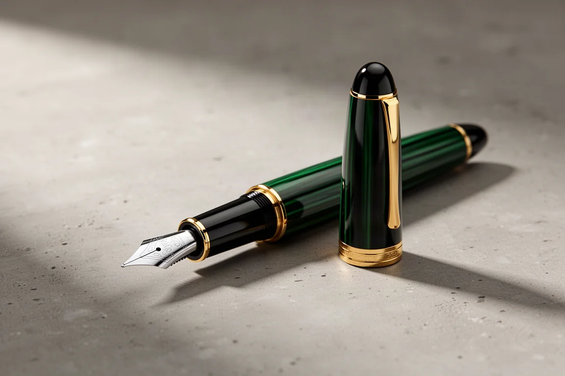 Uncapped metal fountain pen with black cap and green striped barrel on concrete