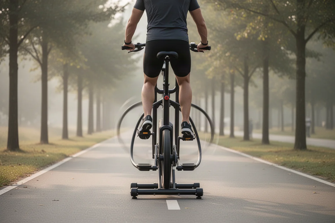 Ciclista usando una bicicleta elíptica de pie en un sendero pavimentado con luz suave