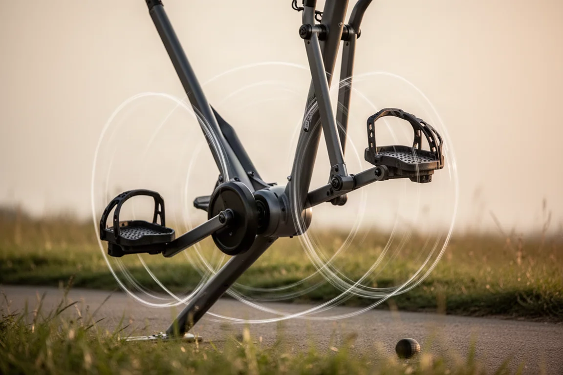 Primer plano del movimiento de pedaleo elíptico y las bielas de una bicicleta elíptica de pie