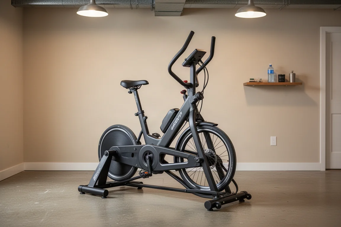 Bicicleta elíptica de pie montada en un rodillo de interior en un sótano de casa
