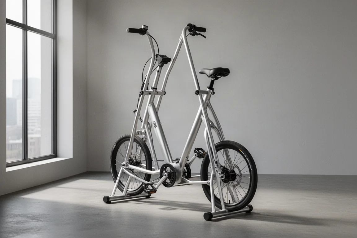 Stand-up elliptical bicycle photographed on a matte concrete surface