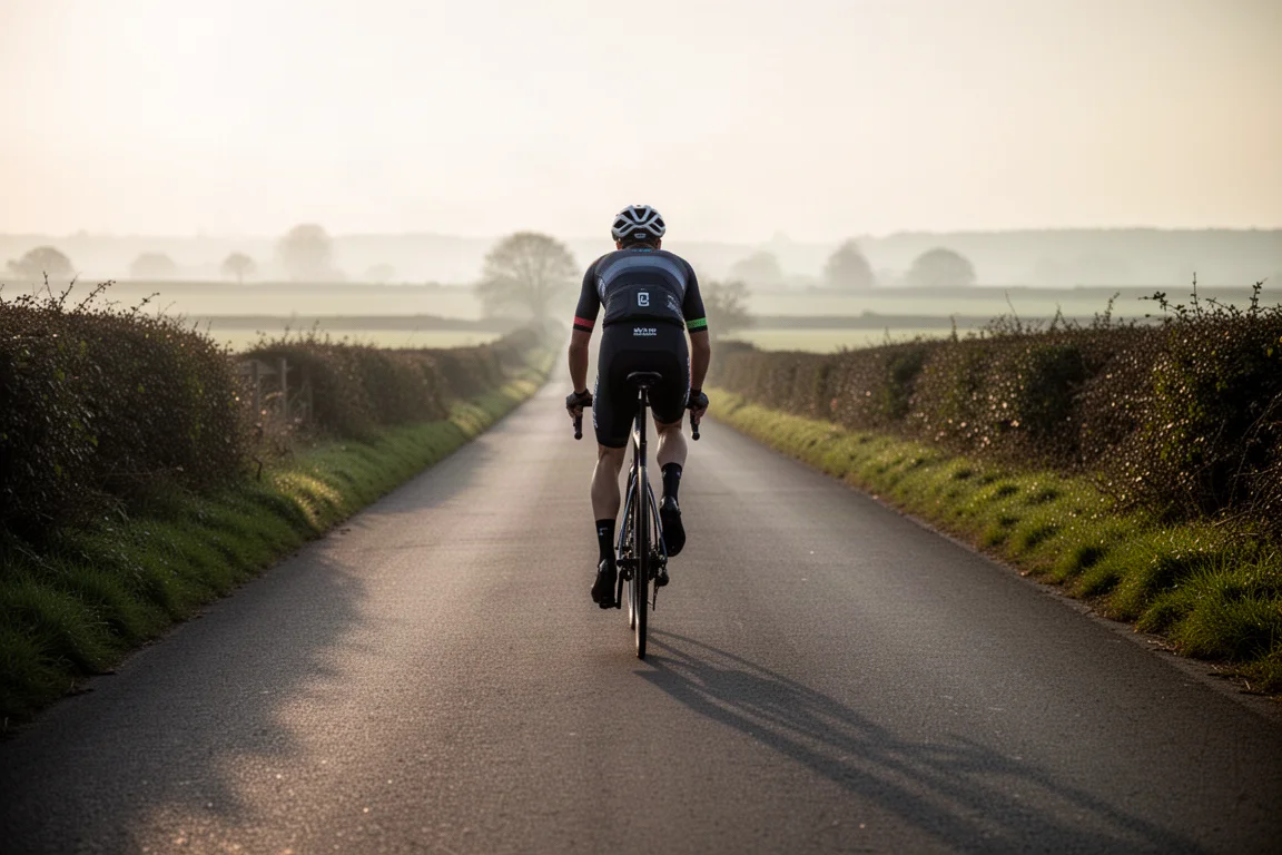 Wielrenner op een aero-fiets op een rustige landweg bij zonsopkomst