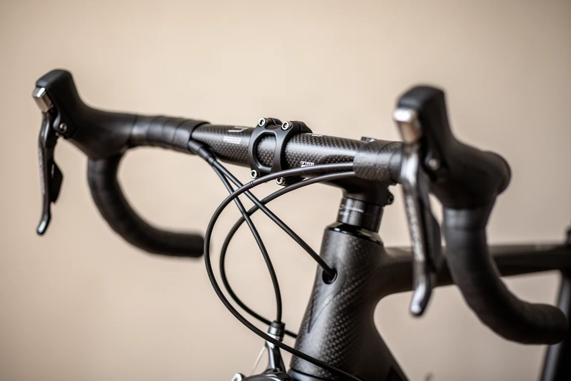 Close-up van een eendelige carbon cockpit van een racefiets met inwendig geleide kabels