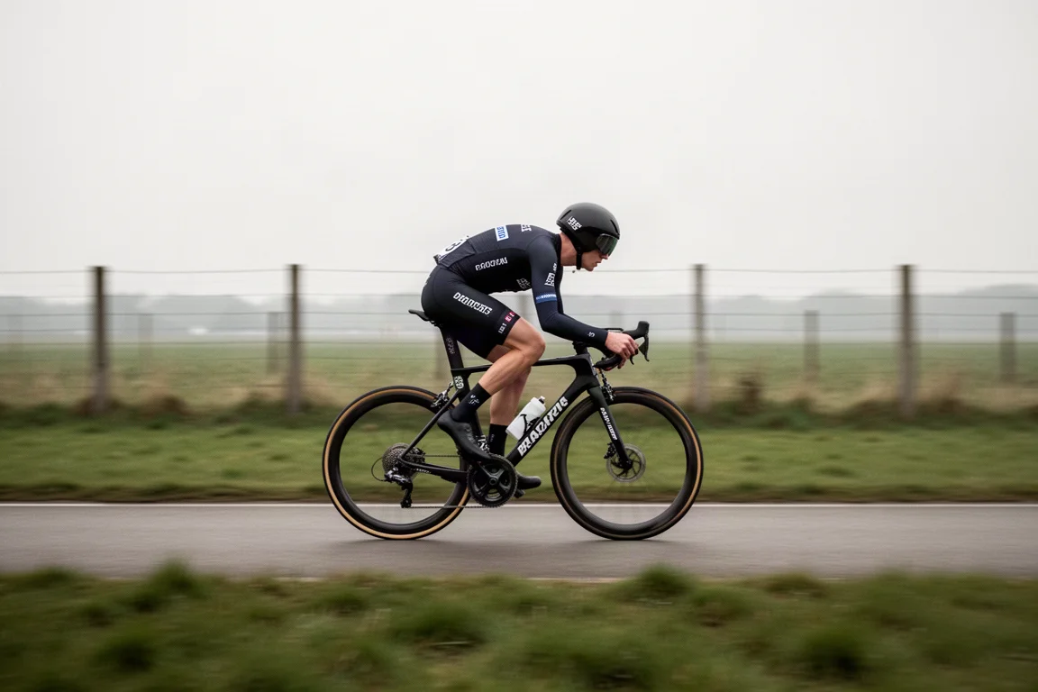 Wielrenner rijdt op snelheid op een vlakke, open testronde