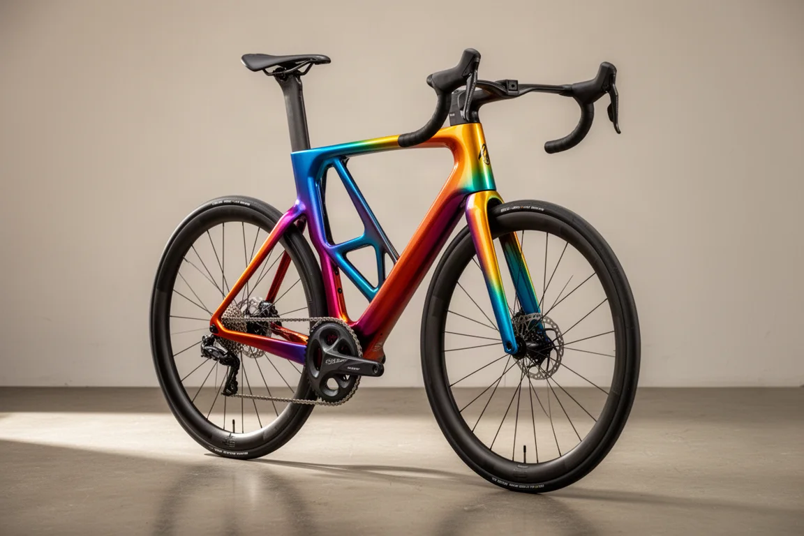 Aero-racefiets met diepe onderbuis en uitsparing in de zitbuis op een betonnen studiovloer