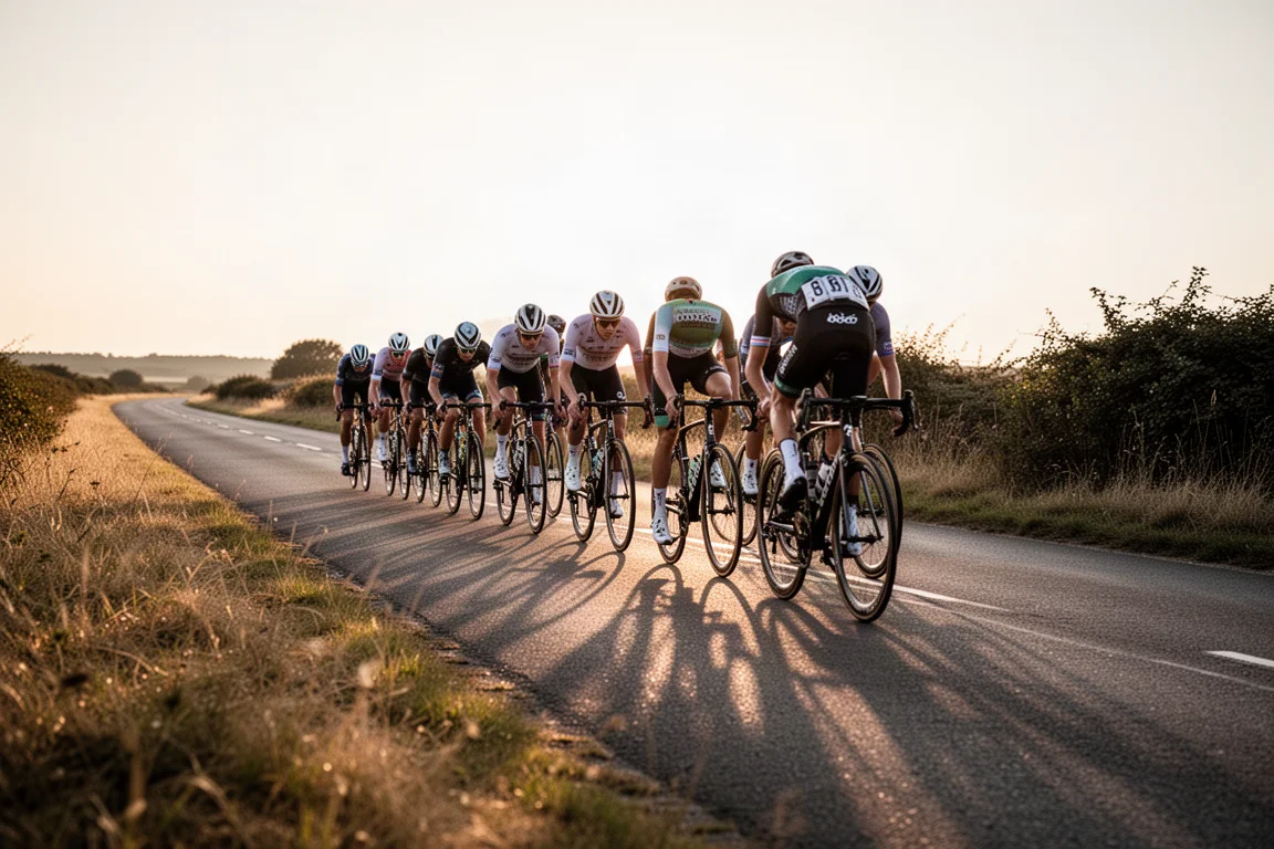 Road cyclists riding fast along an open country road at golden hour