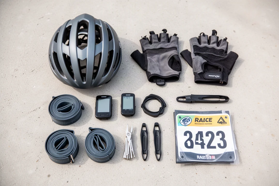 Race kit and spare carbon wheels on a grass verge before a circuit race