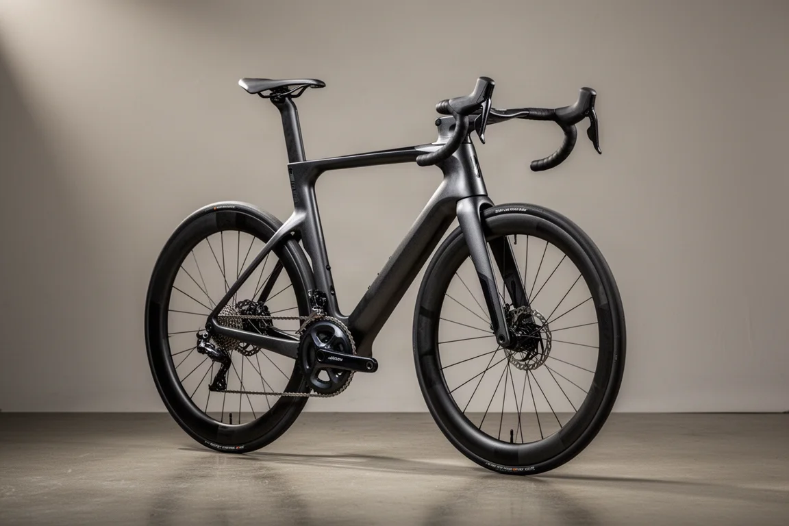 Carbon aero road racing bike with deep-section wheels on a grey studio backdrop