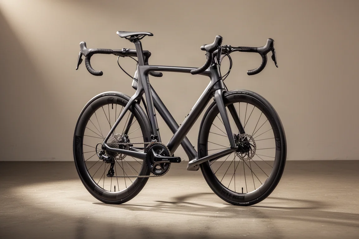 Super light carbon road bike with deep-section wheels on a concrete floor