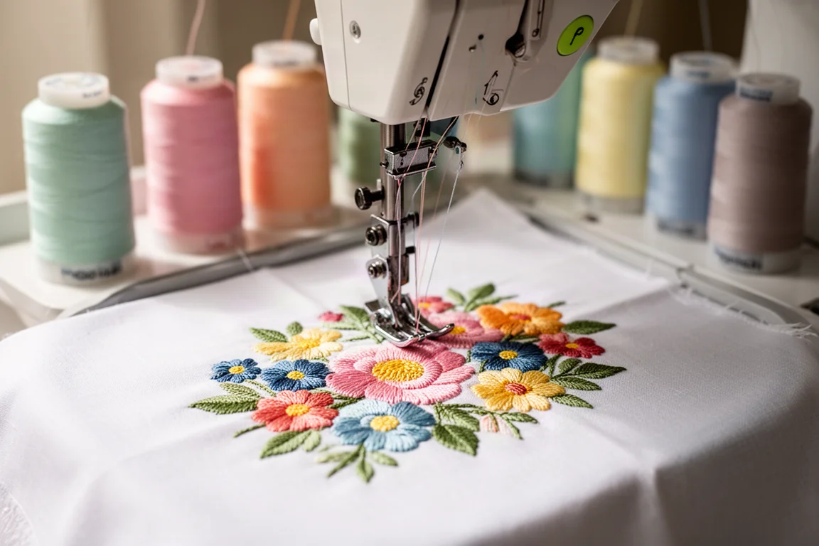 刺繡機近距離繡出彩色圖案在布料上