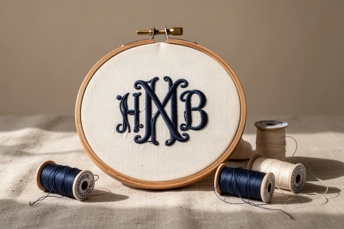 完成的刺繡字母組合在布料上,旁邊有線軸