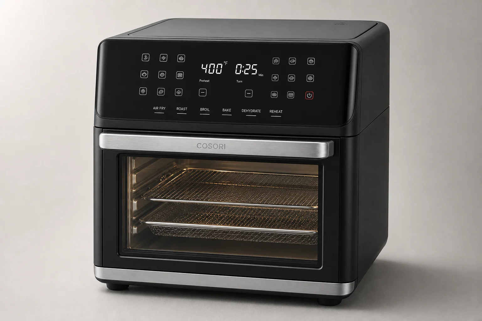 Five countertop convection ovens displayed on concrete surface