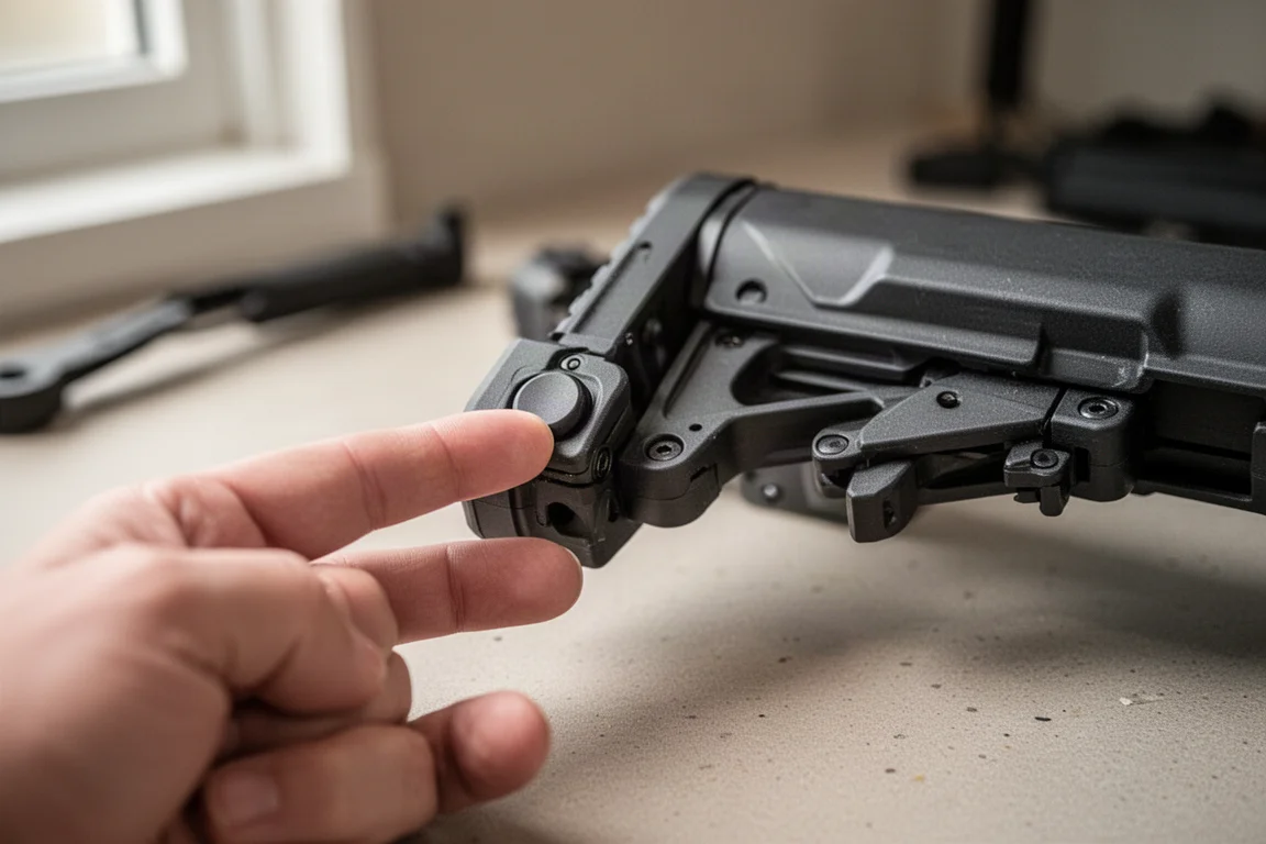 エアソフトガンのストックのヒンジボタンを押してバットストックを開く様子