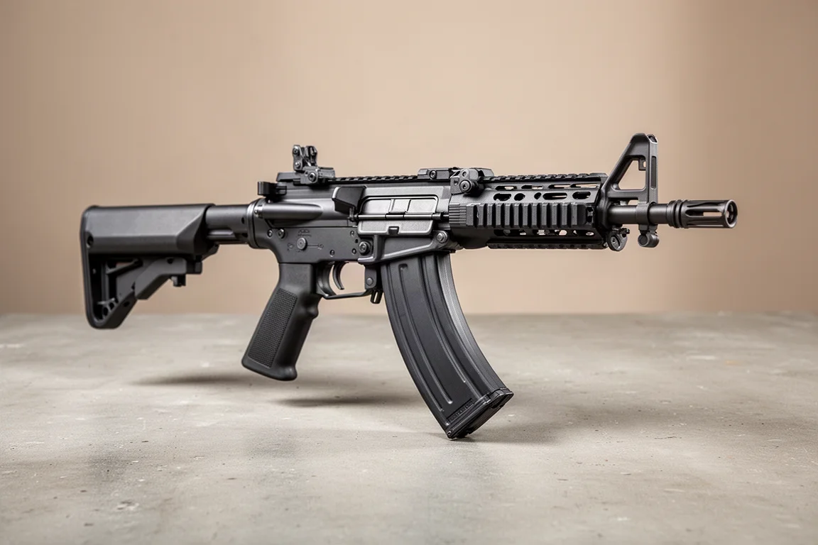 EMG CMMG Banshee AEG 生存遊戲步槍搭配 AK 風格彈匣，置於水泥地面上