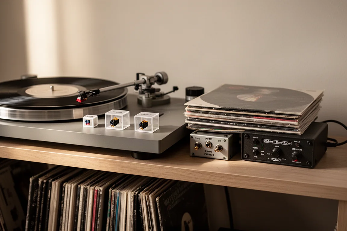 Regal mit Phonotonabnehmer-Schachteln, Schallplatten und einem Step-Up-Transformator