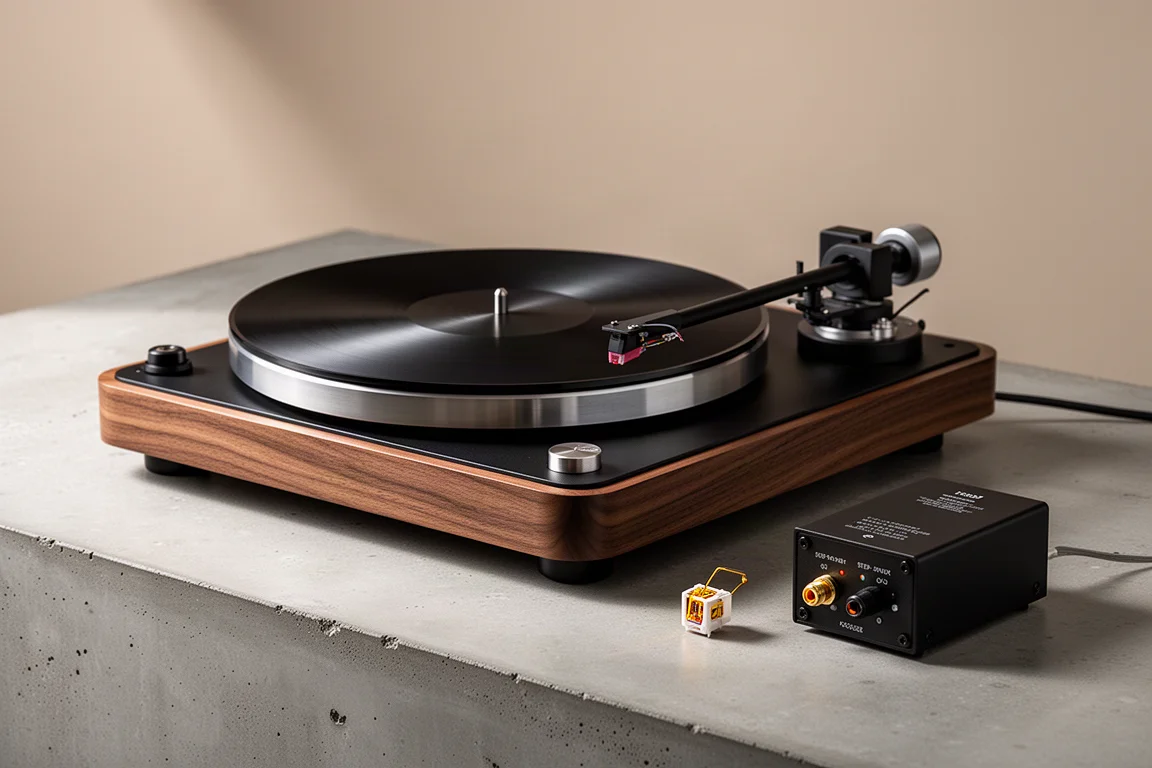 Turntable tonearm, moving coil cartridge and step-up transformer on a matte concrete surface