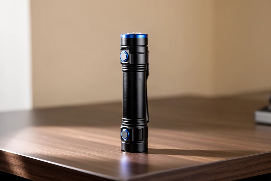纖薄扁平造型的 EDC 手電筒直立於木桌上,帶有藍色陽極處理點綴