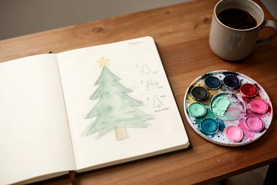 Open watercolor workbook with sketched tree illustrations beside a small palette