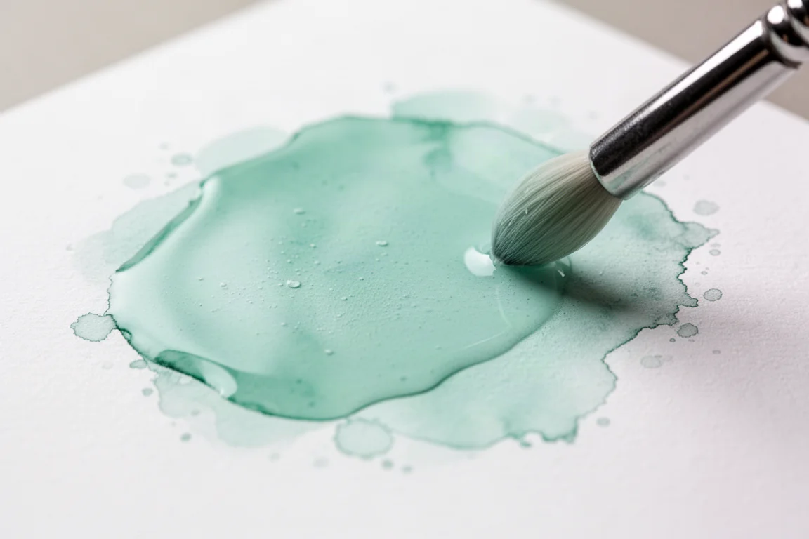Close-up of a wet watercolor wash blooming on smooth paper