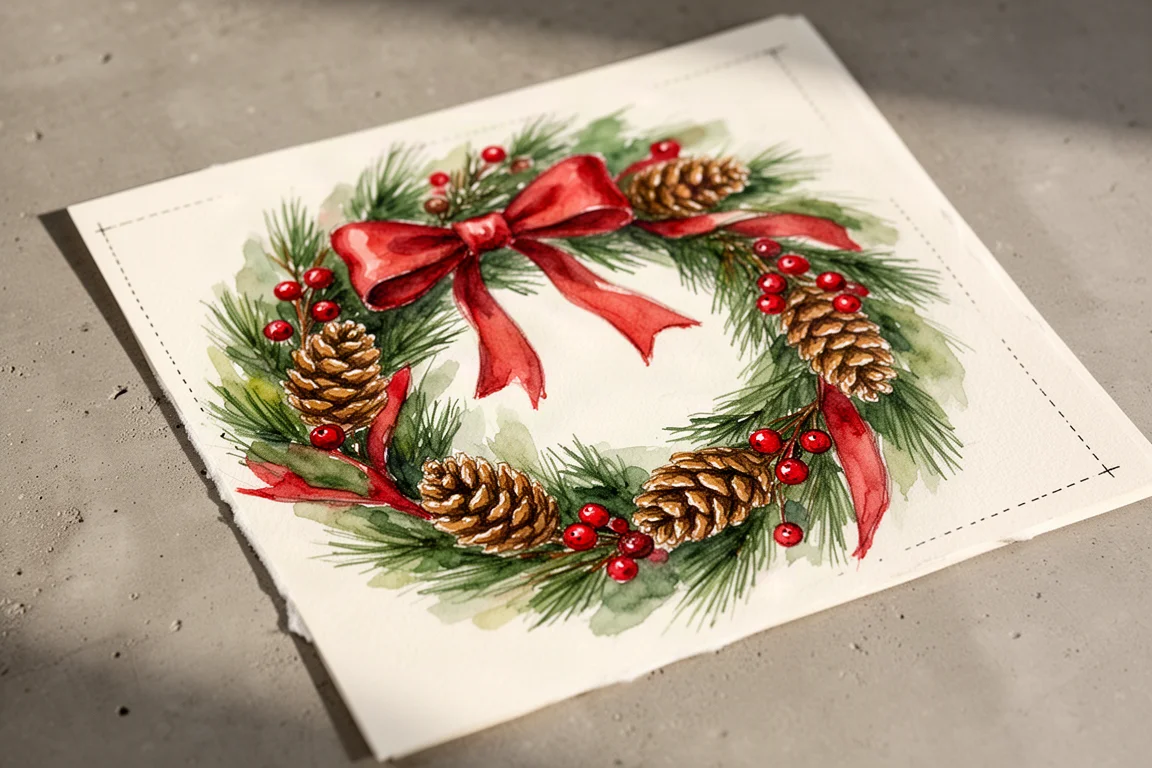 Hand-painted Christmas wreath artwork in traditional red and green tones
