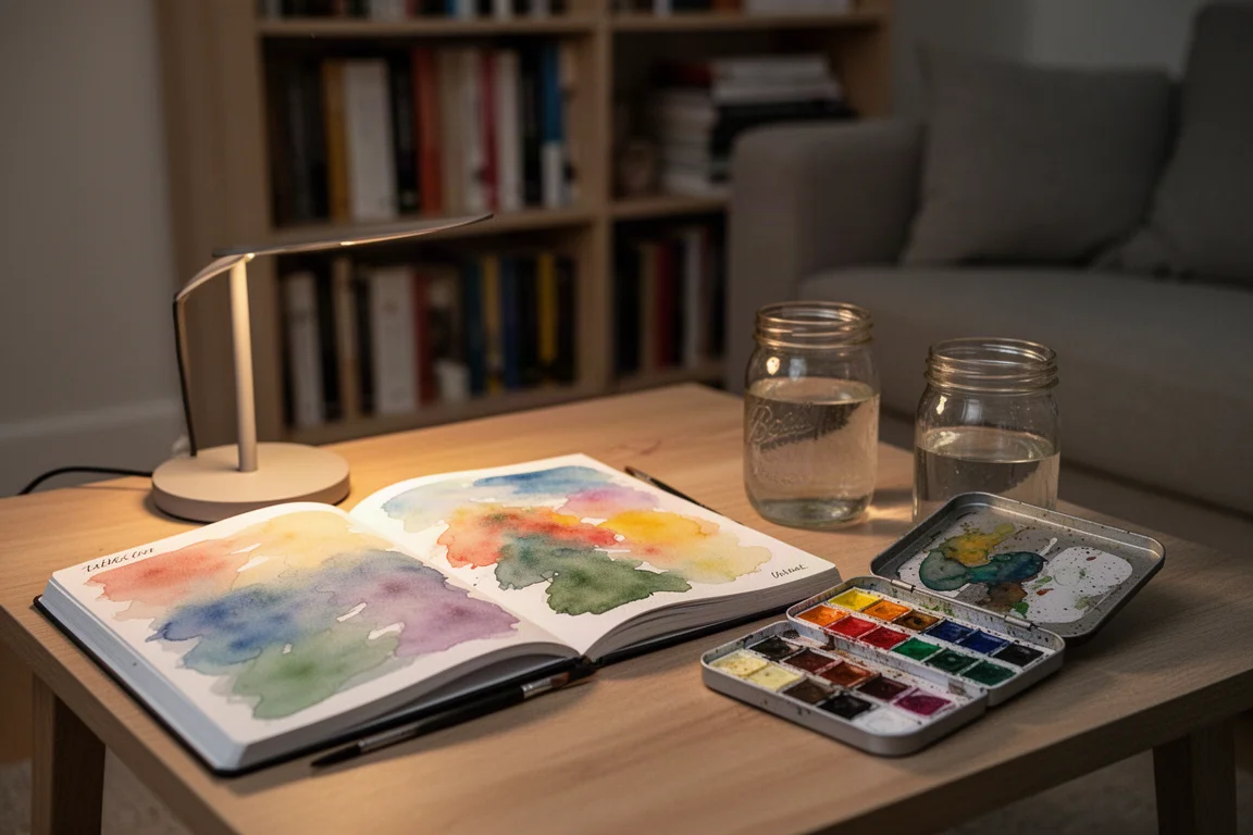 Relaxed evening art session with workbook, palette, and warm lamp light