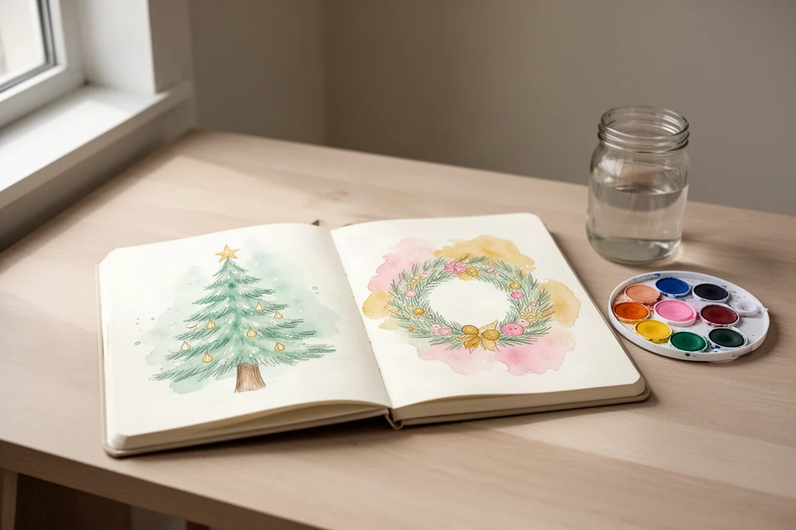 Open watercolor workbook with pastel painted pages beside a palette and water jar